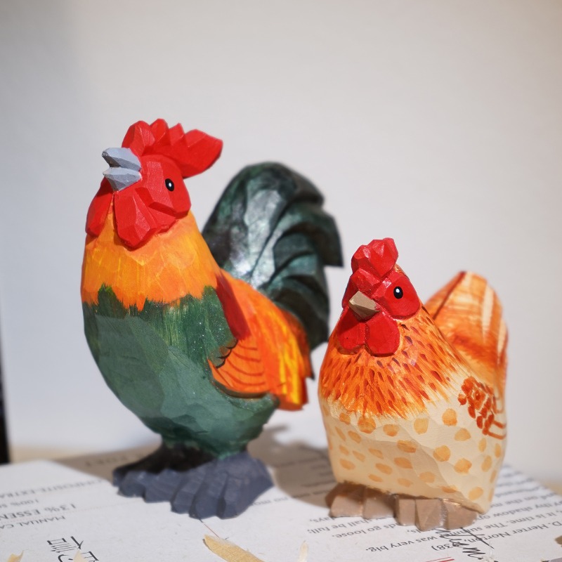 Desk Setup Nature - Farmyard Rooster and Hen Handmade Wood