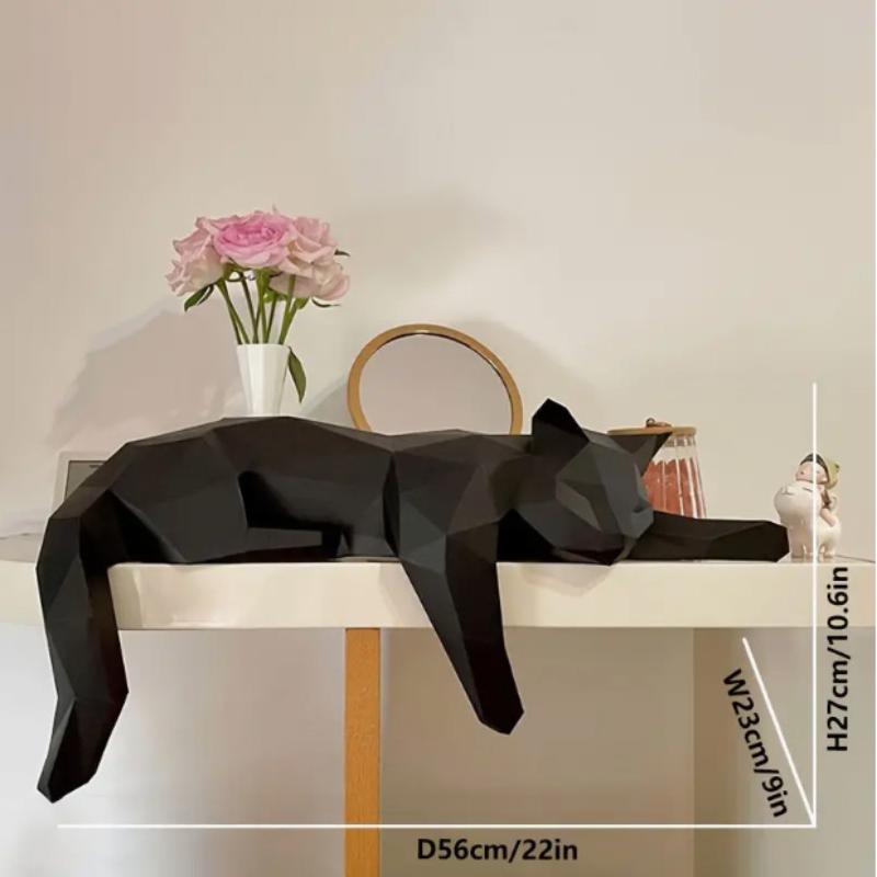 Desk Setup Black - Black White Cat Statue - Geometric