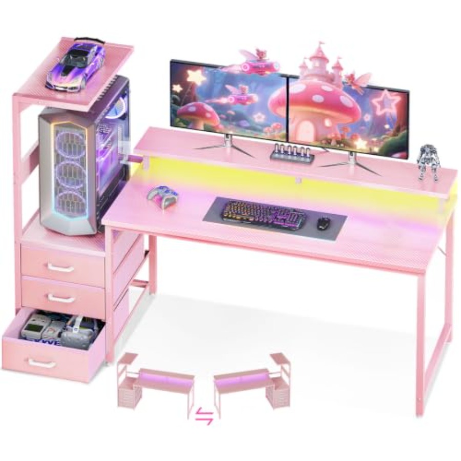 Desk Setup Black And Wood - Gaming Desk W/PC Showcase Stand for