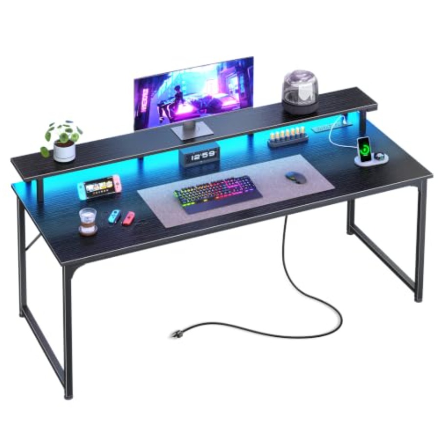 Gaming Desk with LED Lighting  - Desk Setup Black And Wood ulasan dan harga