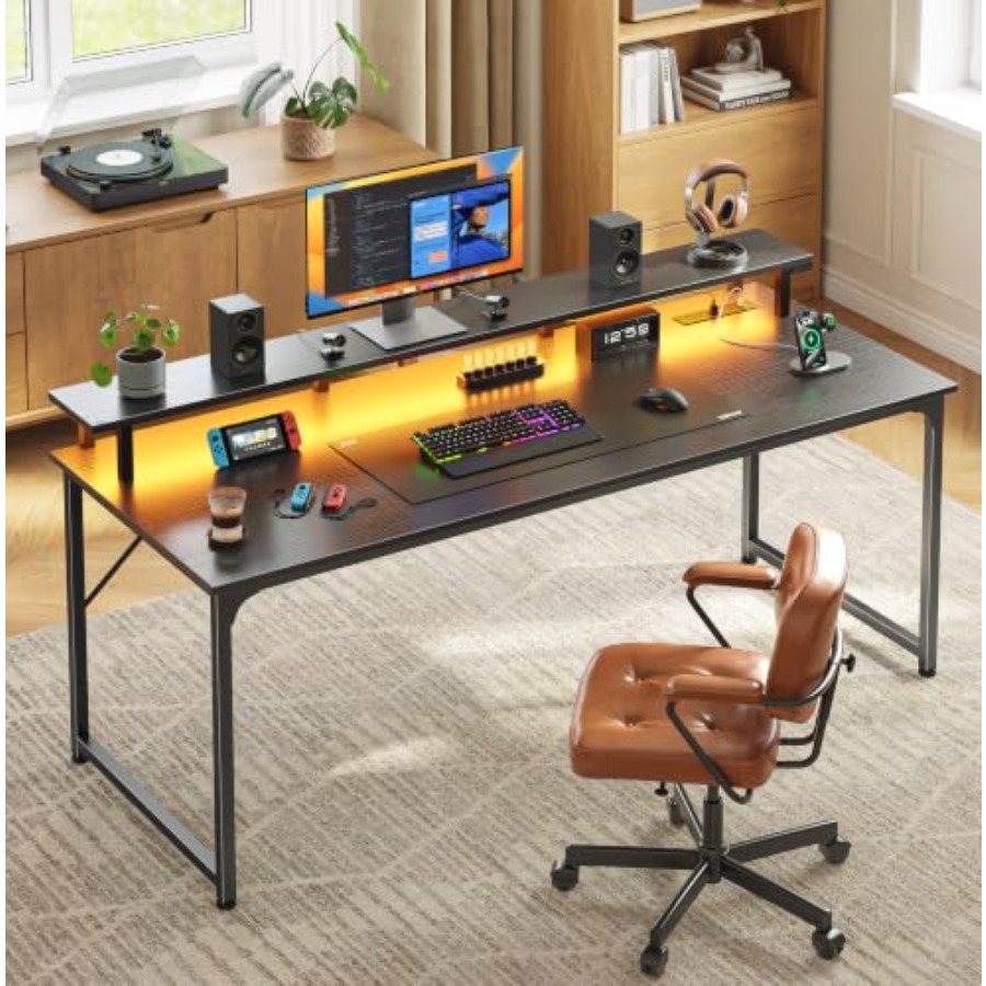 Gaming Desk with LED Lighting  - Desk Setup Black And Wood ulasan dan harga