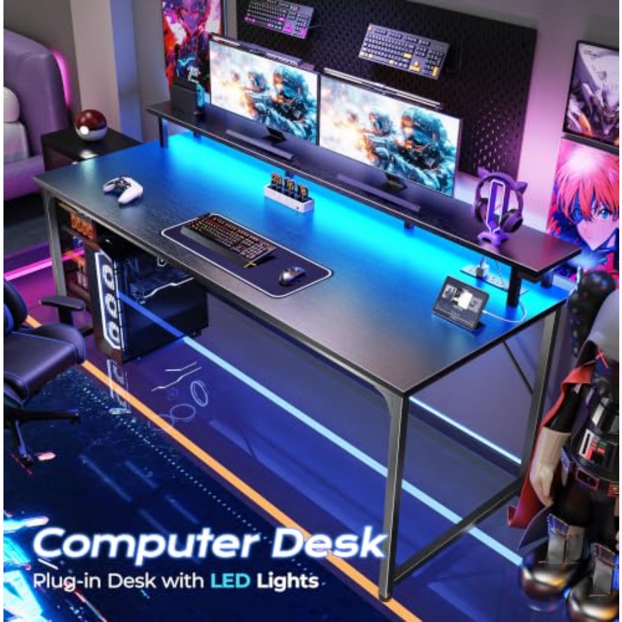 Gaming Desk with LED Lighting  - Desk Setup Black And Wood ulasan dan harga