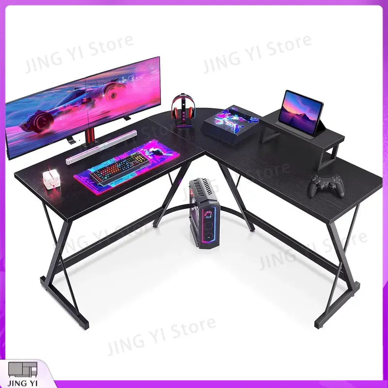 L Shaped Gaming Desk with Moni - Desk Setup Black And Wood ulasan dan harga