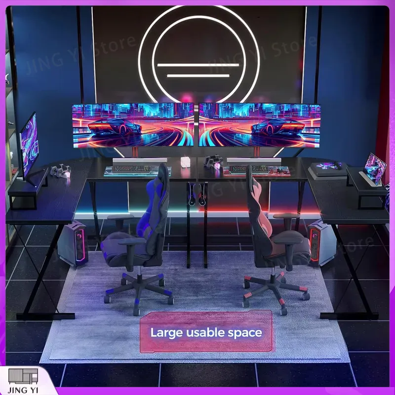 L Shaped Gaming Desk with Moni - Desk Setup Black And Wood ulasan dan harga